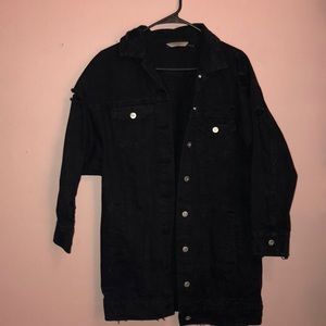 Long black distressed denim jacket